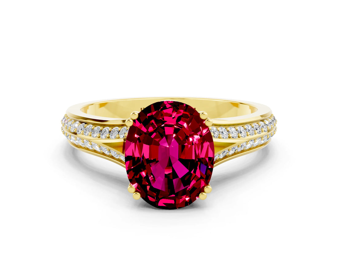 Yellow gold Oval Cut Garnet Split Shank Engagement Ring with Pavé Band
