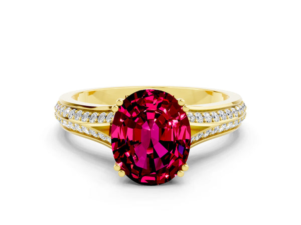 Yellow gold Oval Cut Garnet Split Shank Engagement Ring with Pavé Band