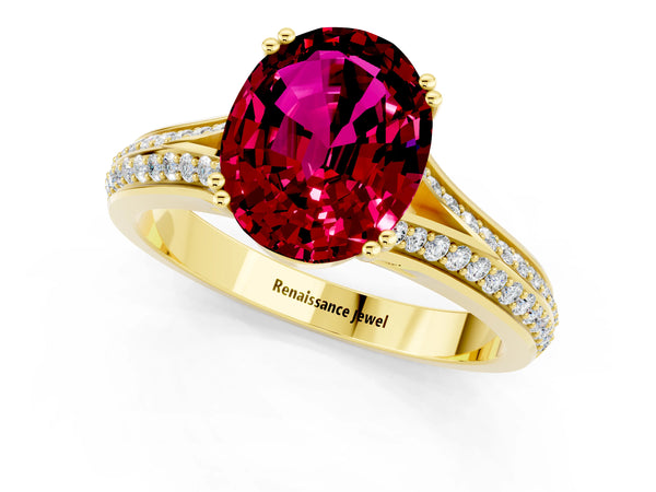 Yellow gold Oval Cut Garnet Split Shank Engagement Ring with Pavé Band