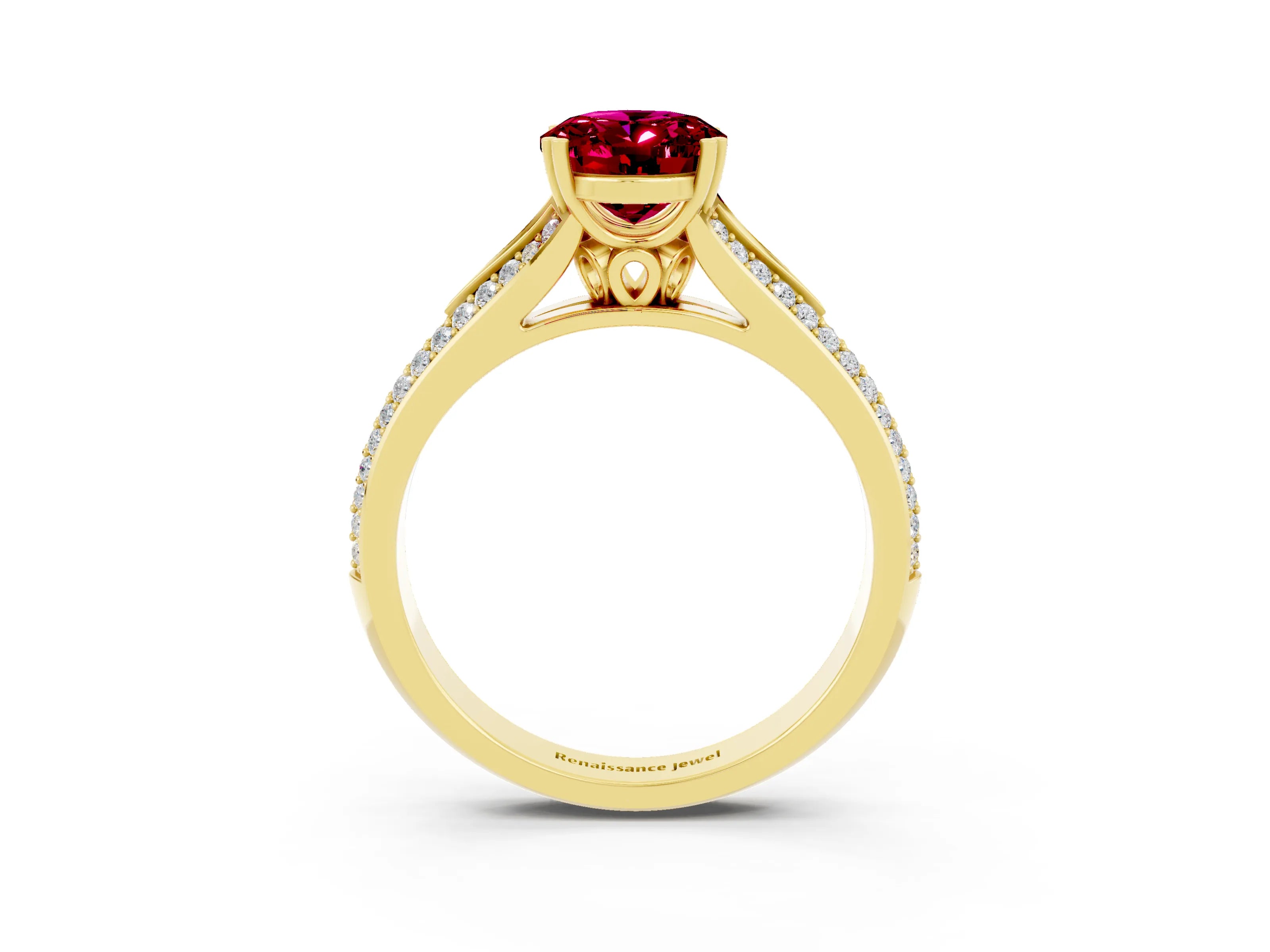 Yellow gold Oval Cut Garnet Split Shank Engagement Ring with Pavé Band_3