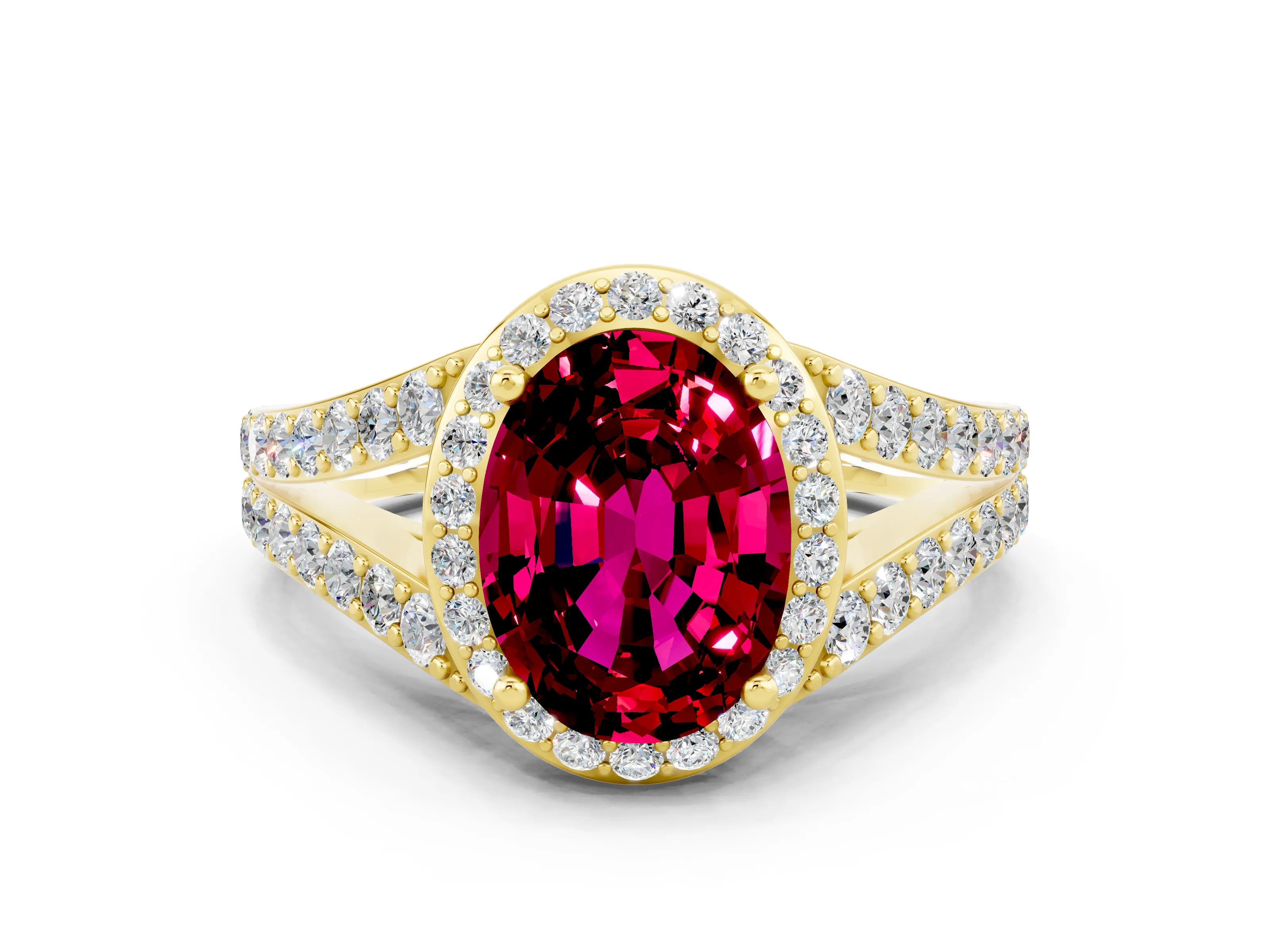 Yellow gold Oval Cut Garnet Split Shank Halo Ring with Four-Prong Setting_12