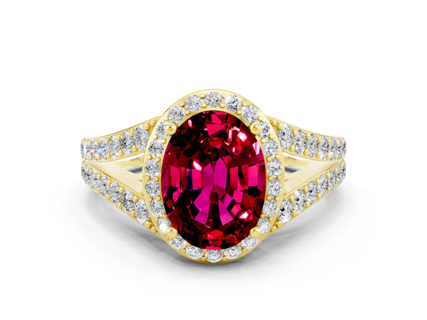 Yellow gold Oval Cut Garnet Split Shank Halo Ring with Four-Prong Setting