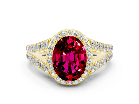 Yellow gold Oval Cut Garnet Split Shank Halo Ring with Four-Prong Setting_12