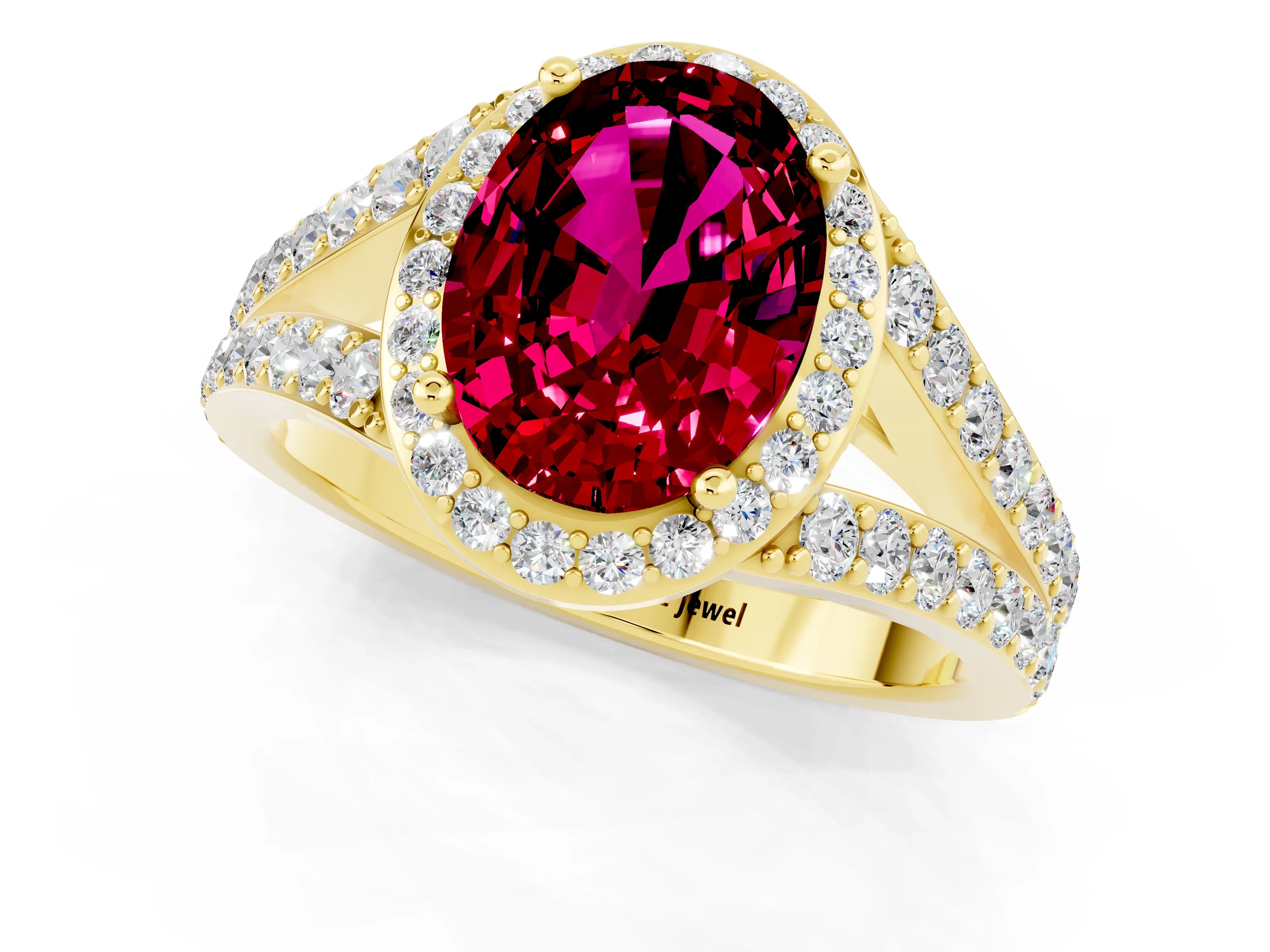 Yellow gold Oval Cut Garnet Split Shank Halo Ring with Four-Prong Setting_13