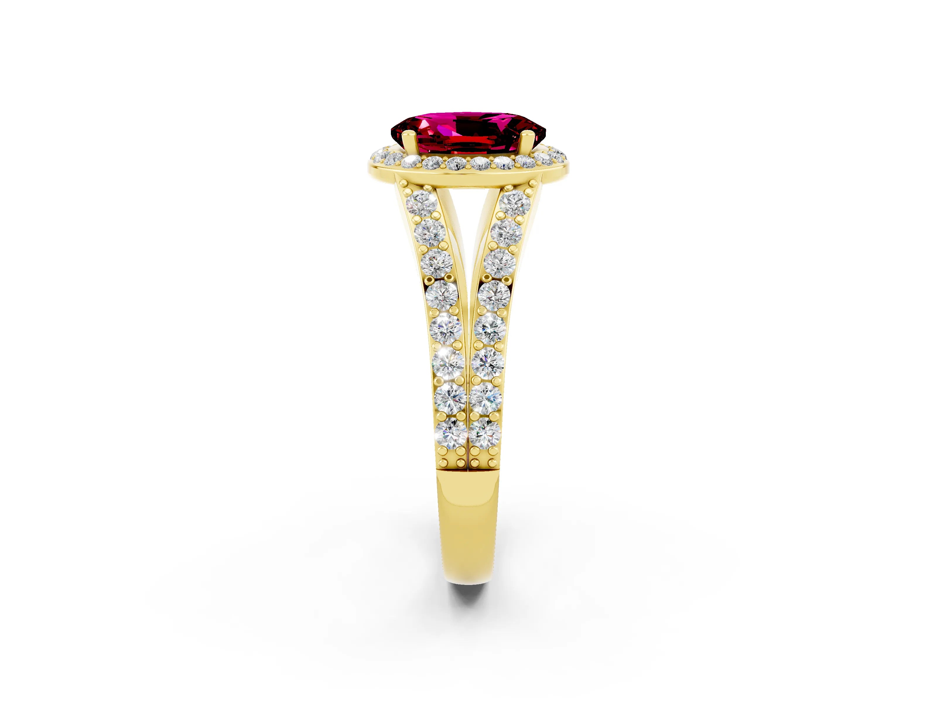 Yellow gold Oval Cut Garnet Split Shank Halo Ring with Four-Prong Setting_14