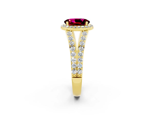 Yellow gold Oval Cut Garnet Split Shank Halo Ring with Four-Prong Setting
