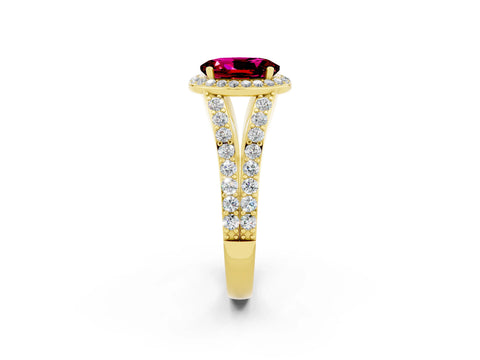Yellow gold Oval Cut Garnet Split Shank Halo Ring with Four-Prong Setting_14