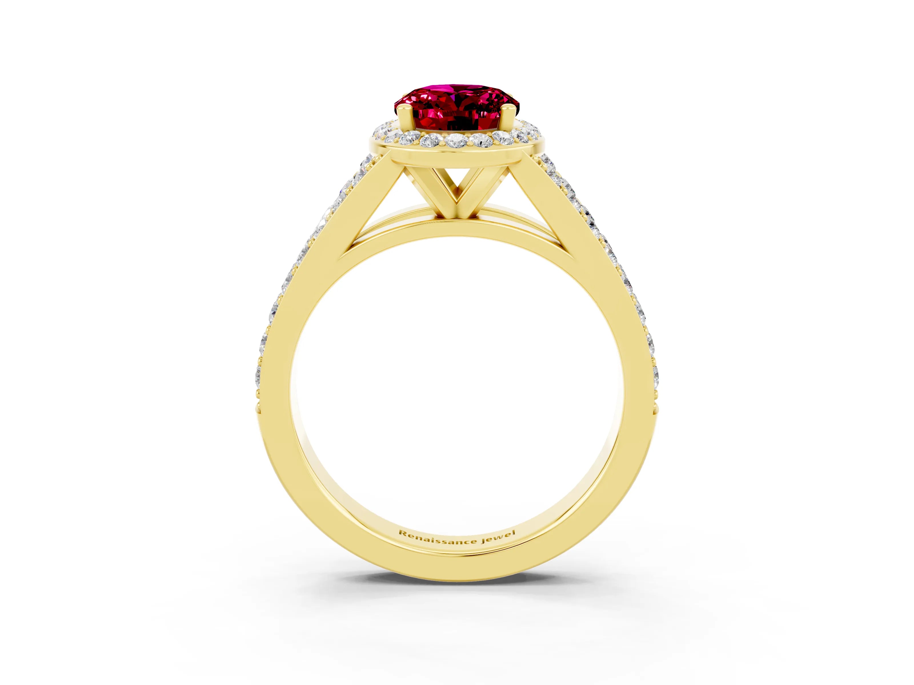 Yellow gold Oval Cut Garnet Split Shank Halo Ring with Four-Prong Setting_15