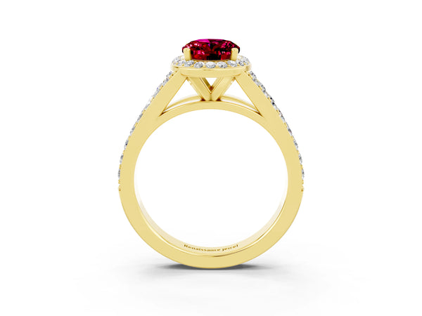 Yellow gold Oval Cut Garnet Split Shank Halo Ring with Four-Prong Setting