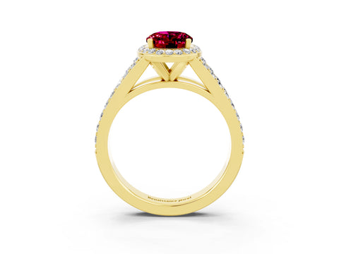 Yellow gold Oval Cut Garnet Split Shank Halo Ring with Four-Prong Setting_15