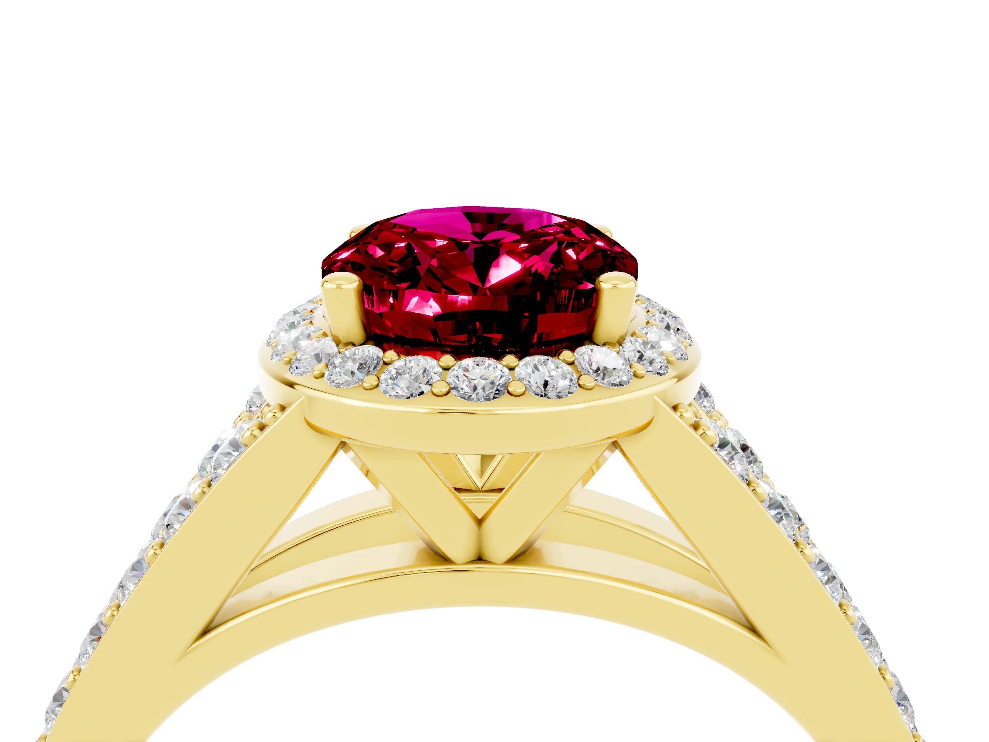 Yellow gold Oval Cut Garnet Split Shank Halo Ring with Four-Prong Setting_16