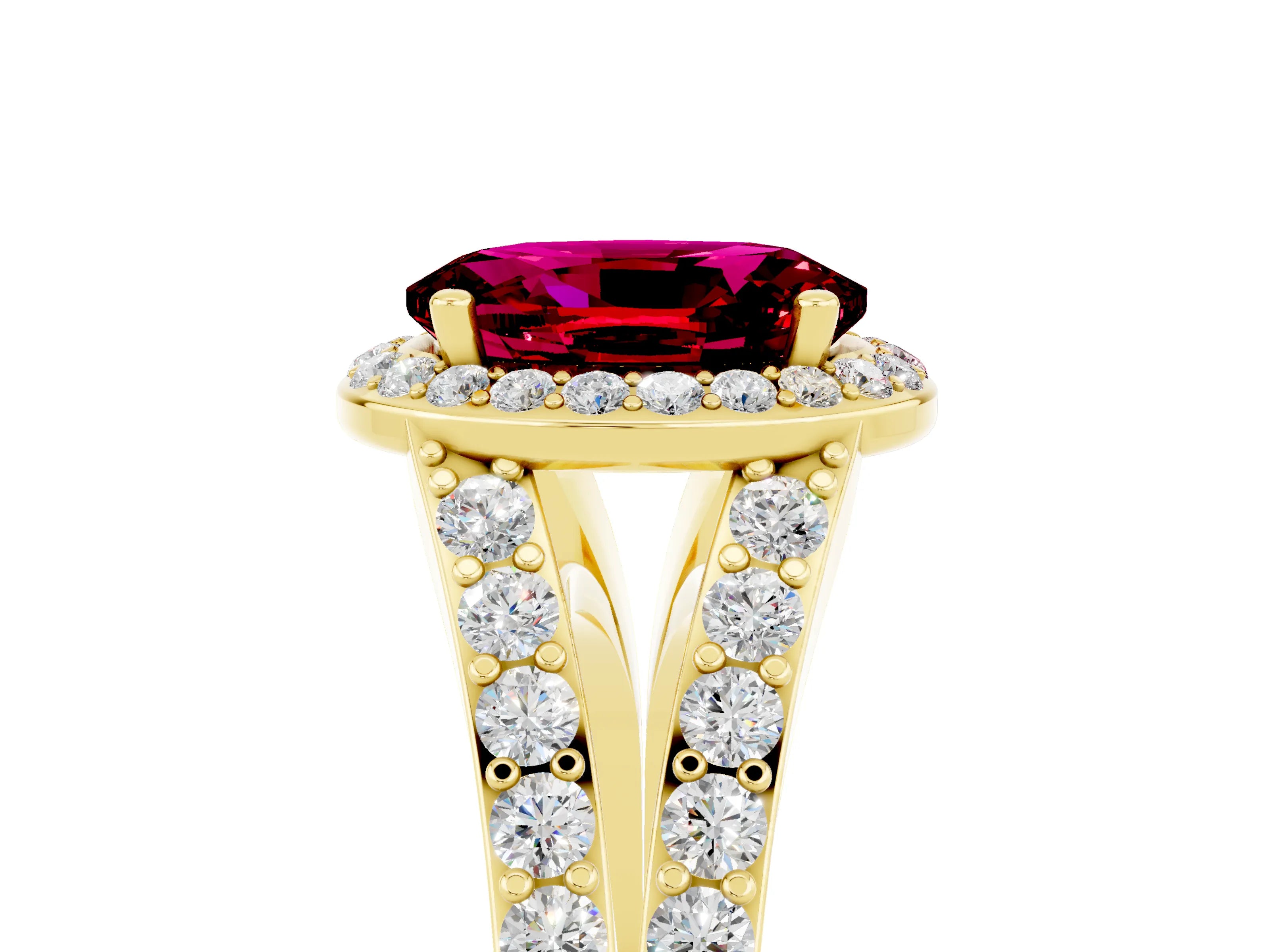 Yellow gold Oval Cut Garnet Split Shank Halo Ring with Four-Prong Setting_17