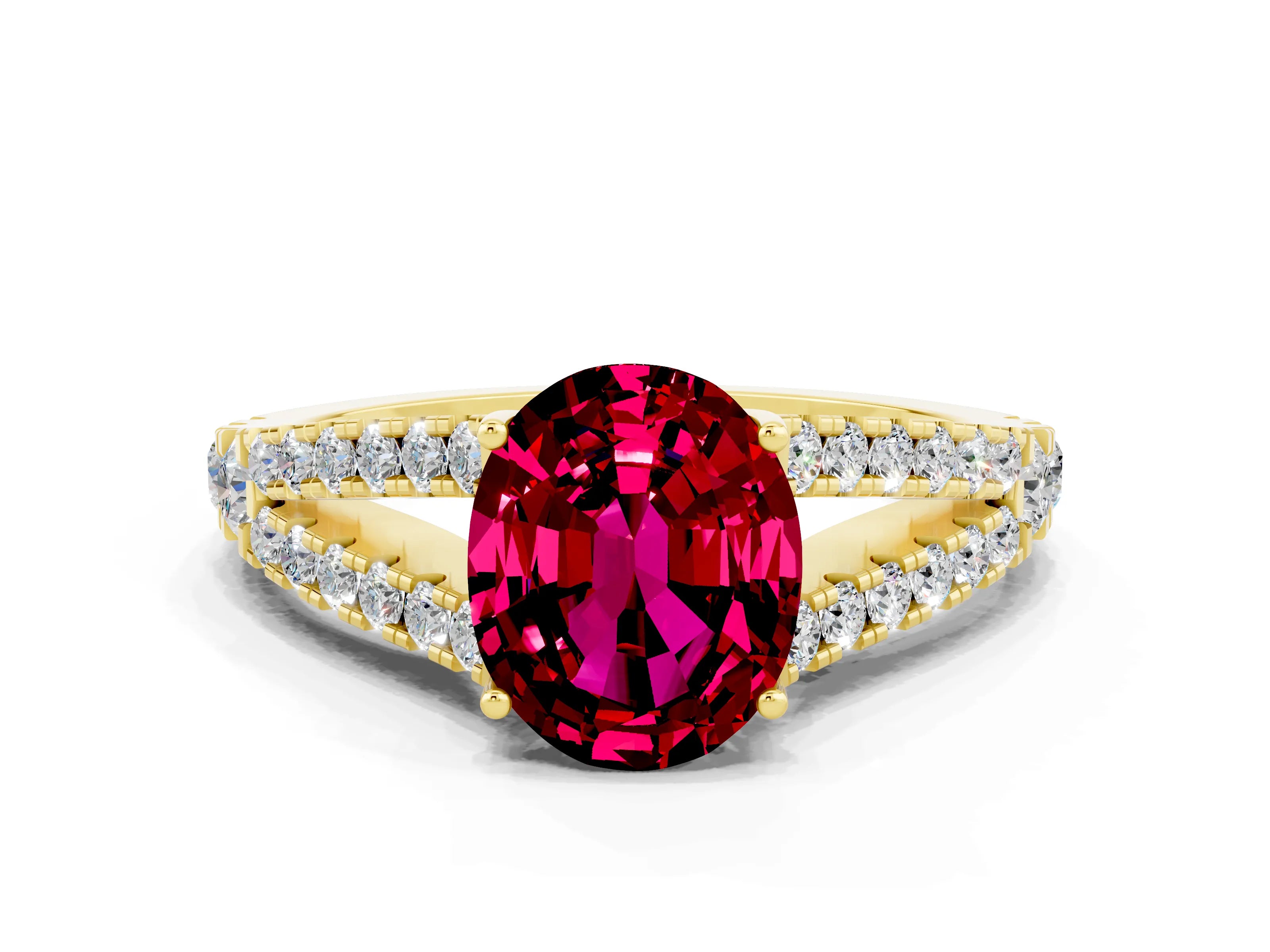 Yellow gold Oval Cut Garnet Split Shank Pavé Engagement Ring with Four-Prong Setting_12