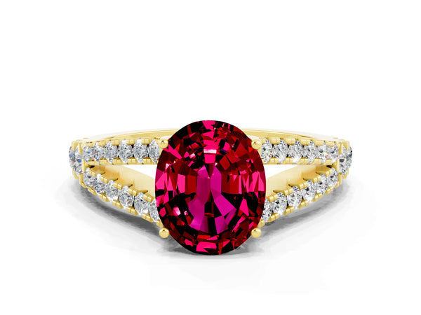 Yellow gold Oval Cut Garnet Split Shank Pavé Engagement Ring with Four-Prong Setting