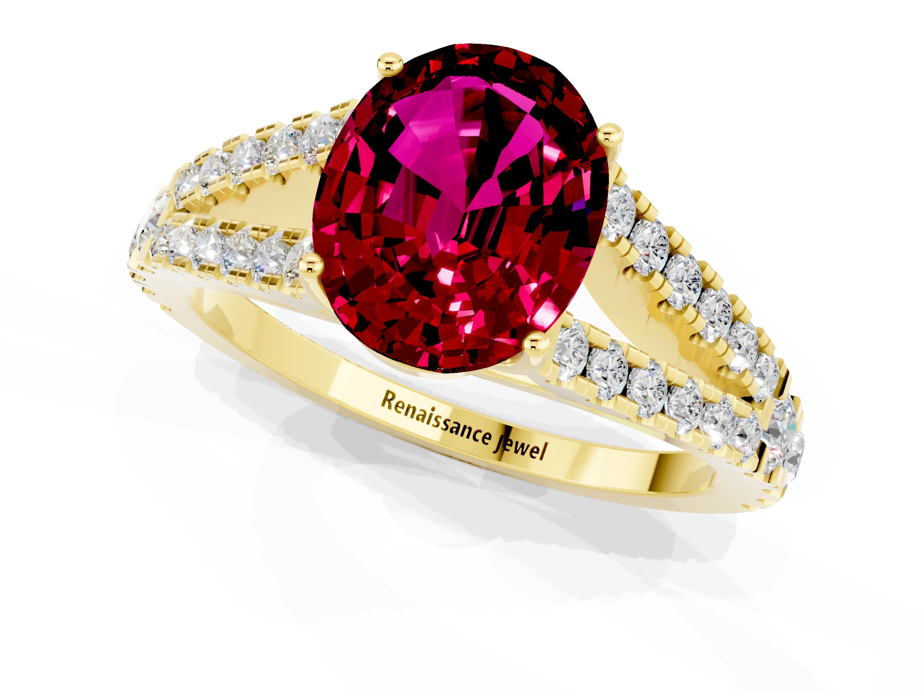 Yellow gold Oval Cut Garnet Split Shank Pavé Engagement Ring with Four-Prong Setting_13