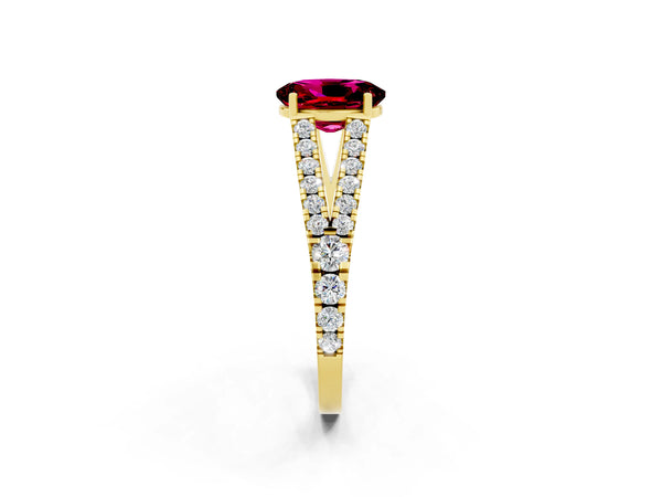 Yellow gold Oval Cut Garnet Split Shank Pavé Engagement Ring with Four-Prong Setting