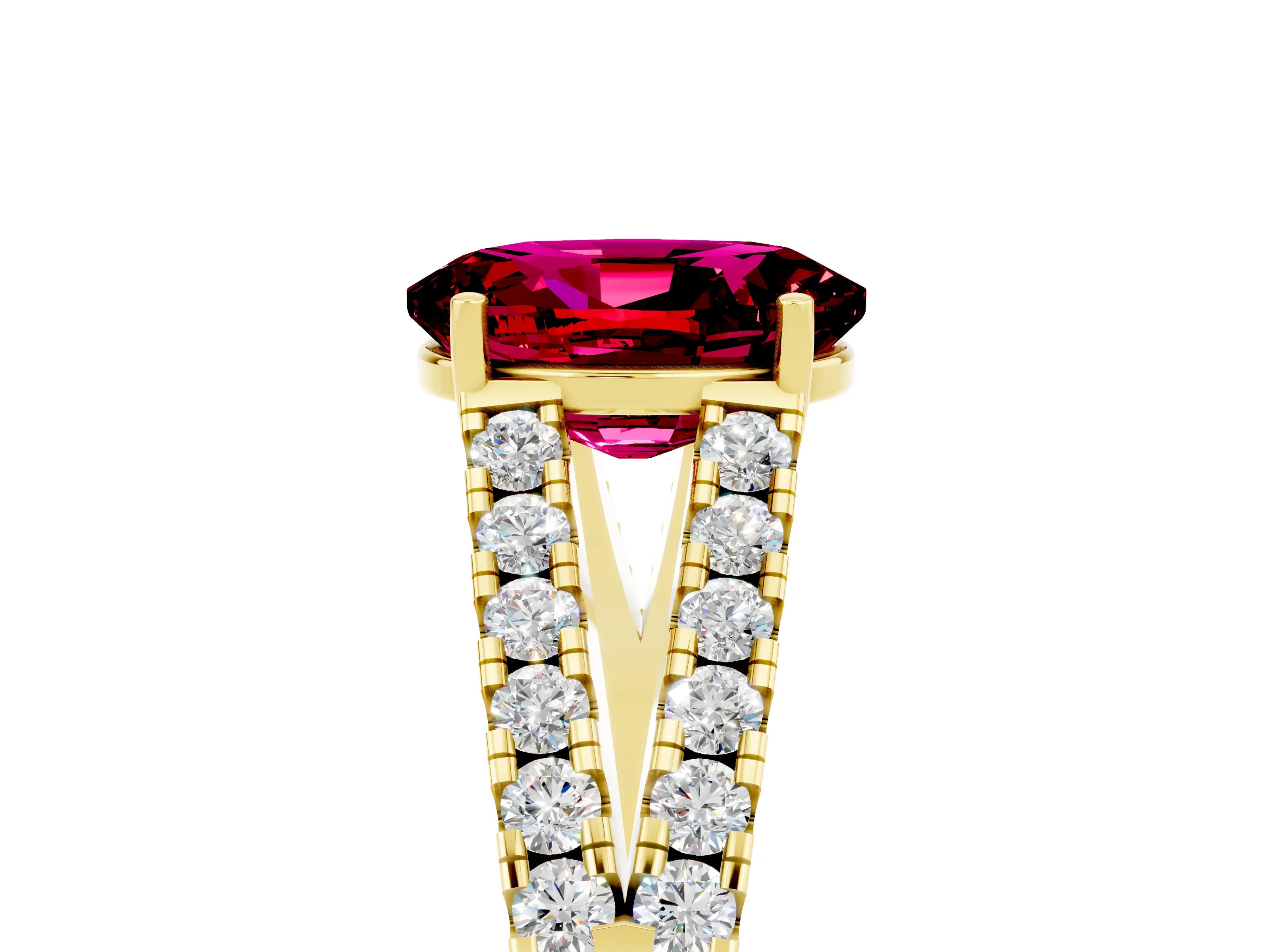 Yellow gold Oval Cut Garnet Split Shank Pavé Engagement Ring with Four-Prong Setting_17