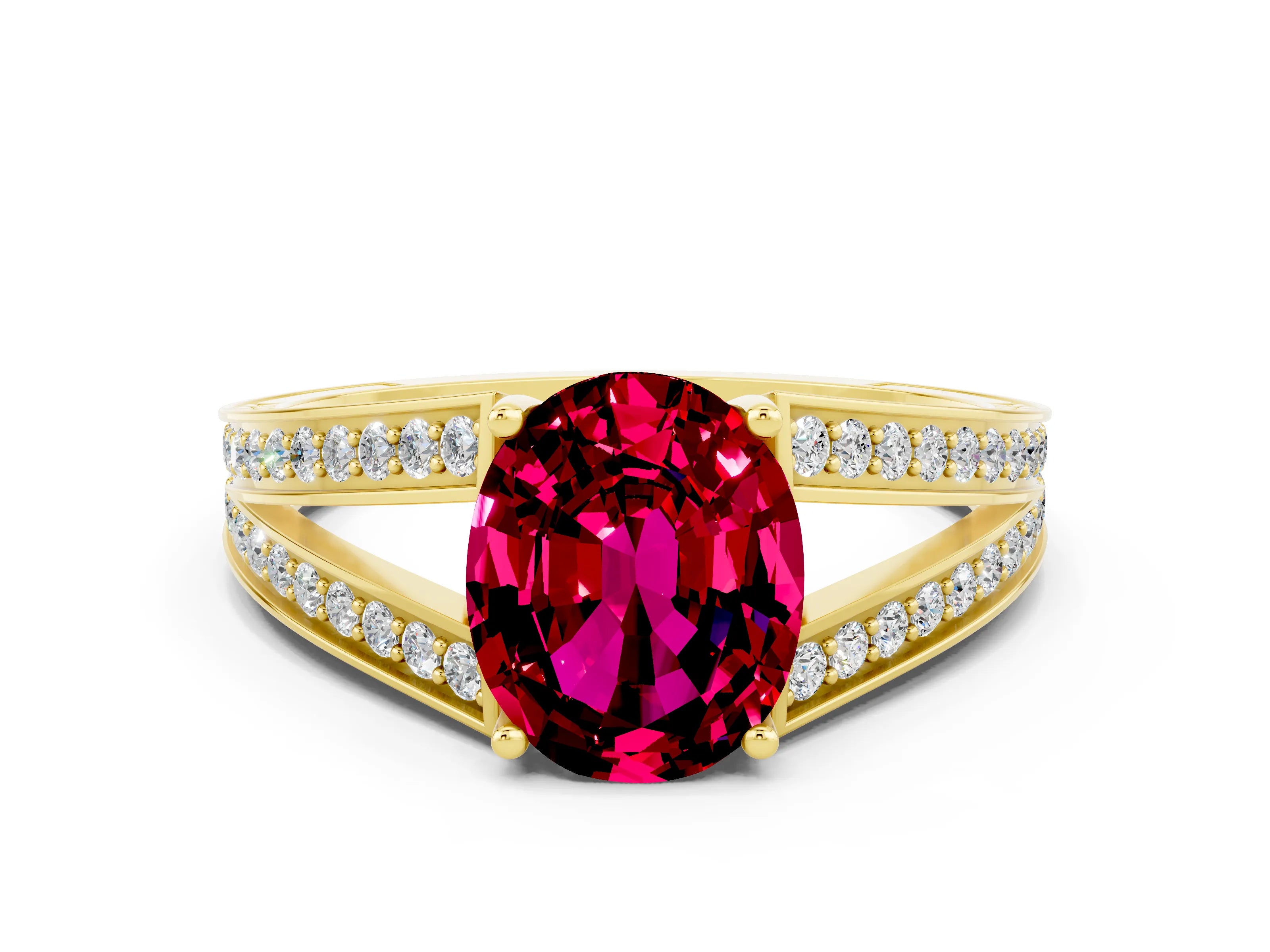 Yellow gold Oval Cut Garnet Split Shank Ring with Pavé Band and Four-Prong Setting