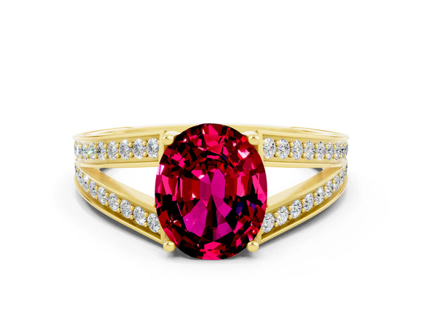 Yellow gold Oval Cut Garnet Split Shank Ring with Pavé Band and Four-Prong Setting