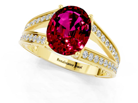 Yellow gold Oval Cut Garnet Split Shank Ring with Pavé Band and Four-Prong Setting_1