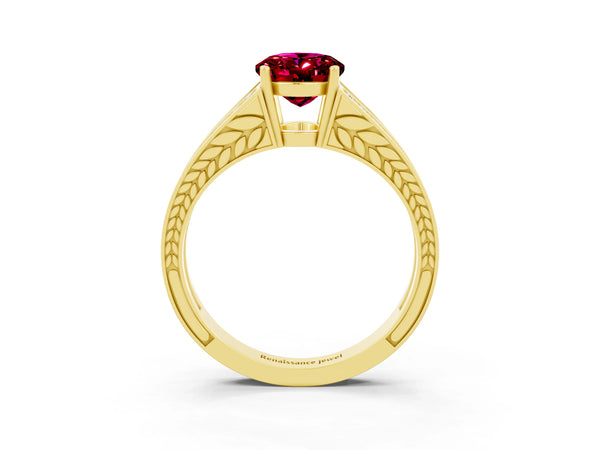 Yellow gold Oval Cut Garnet Split Shank Ring with Pavé Band and Four-Prong Setting