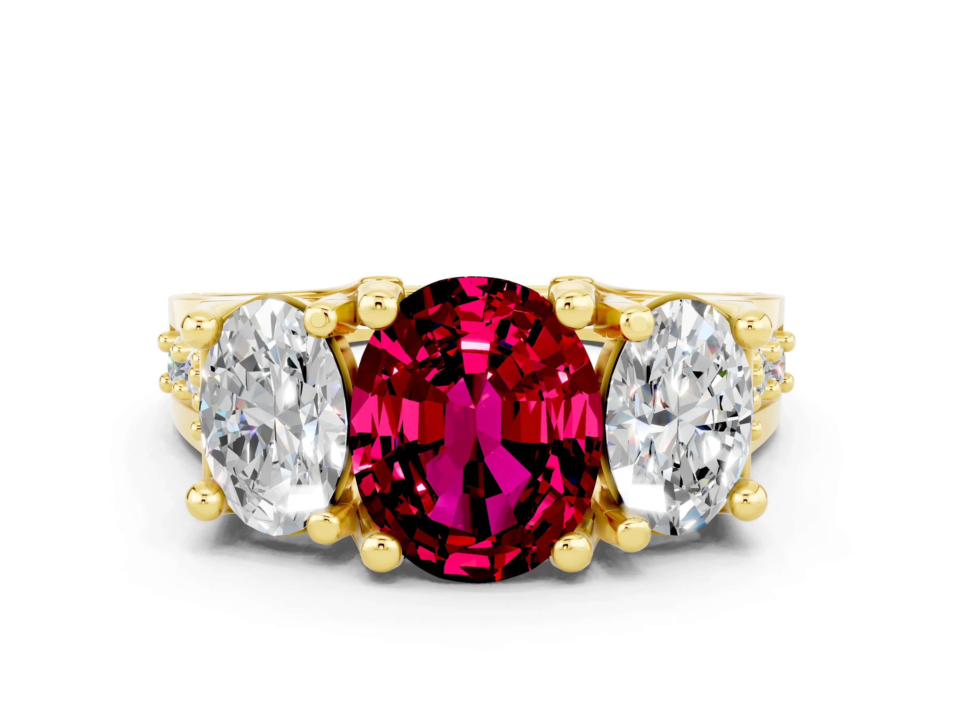 Yellow gold Oval Cut Garnet Three-Stone Ring with Channel Set Band and Four-Prong Setting