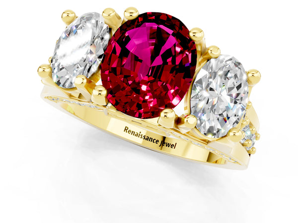 Yellow gold Oval Cut Garnet Three-Stone Ring with Channel Set Band and Four-Prong Setting
