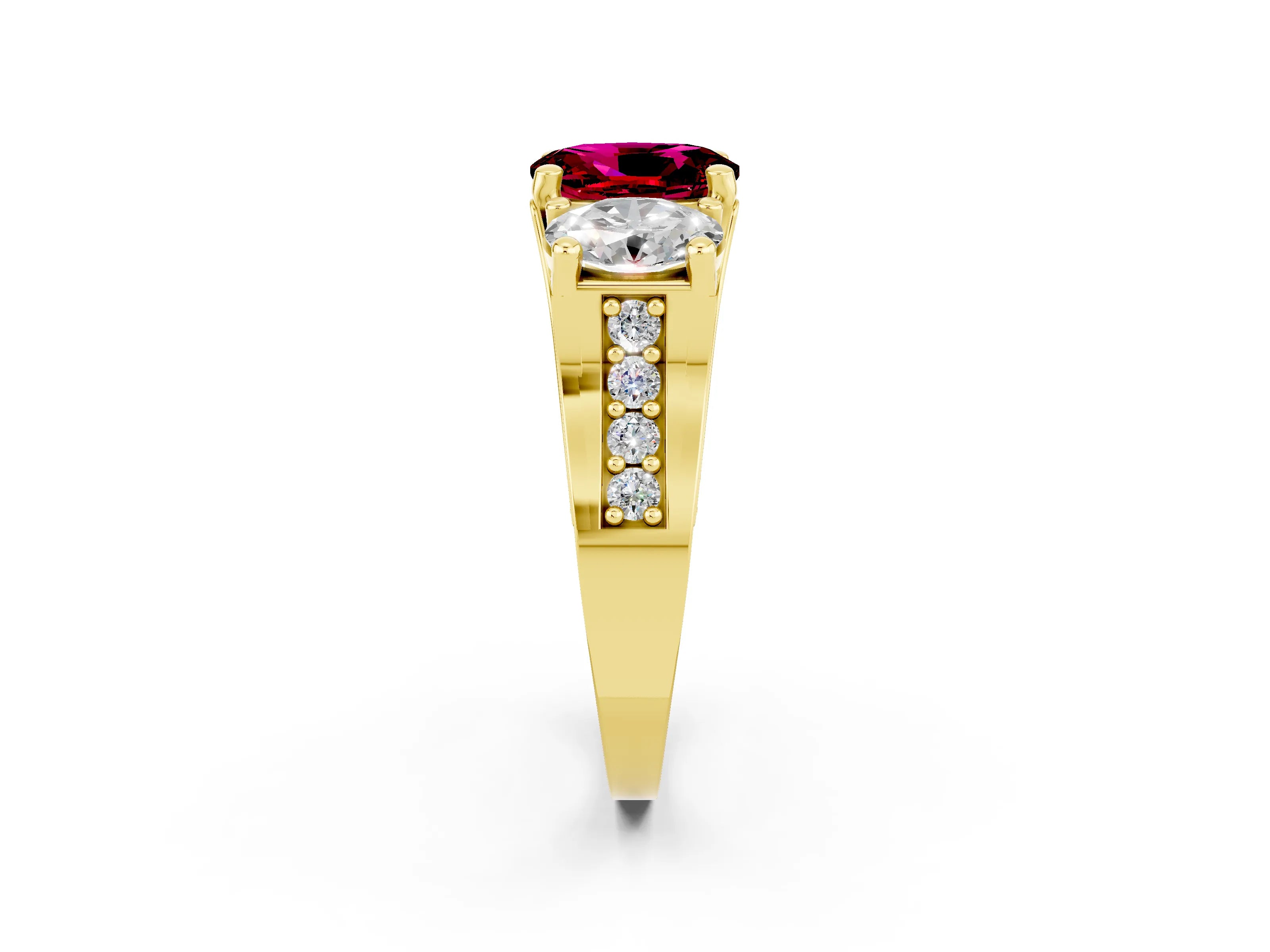 Yellow gold Oval Cut Garnet Three-Stone Ring with Channel Set Band and Four-Prong Setting_2