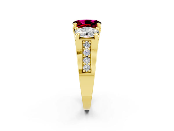 Yellow gold Oval Cut Garnet Three-Stone Ring with Channel Set Band and Four-Prong Setting