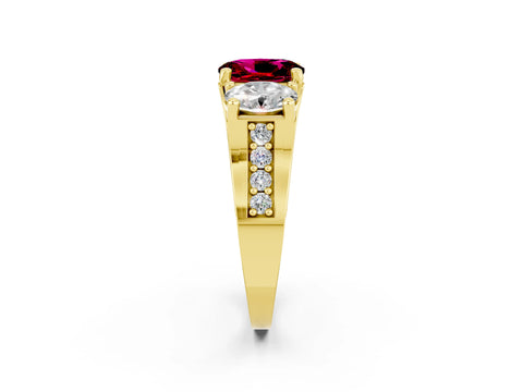 Yellow gold Oval Cut Garnet Three-Stone Ring with Channel Set Band and Four-Prong Setting_2