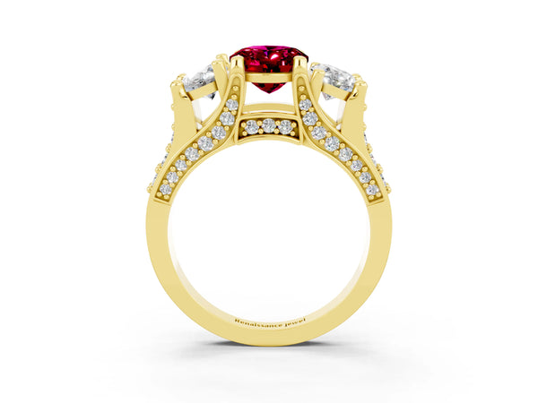 Yellow gold Oval Cut Garnet Three-Stone Ring with Channel Set Band and Four-Prong Setting