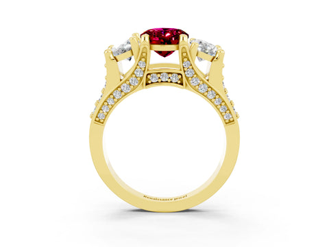 Yellow gold Oval Cut Garnet Three-Stone Ring with Channel Set Band and Four-Prong Setting_3