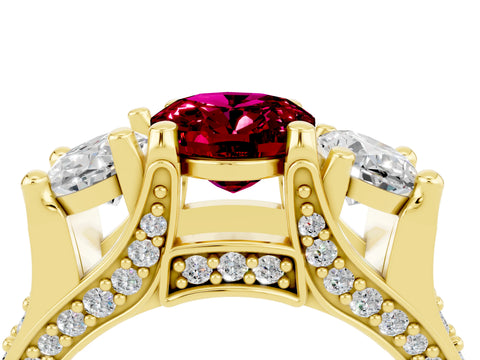 Yellow gold Oval Cut Garnet Three-Stone Ring with Channel Set Band and Four-Prong Setting_4
