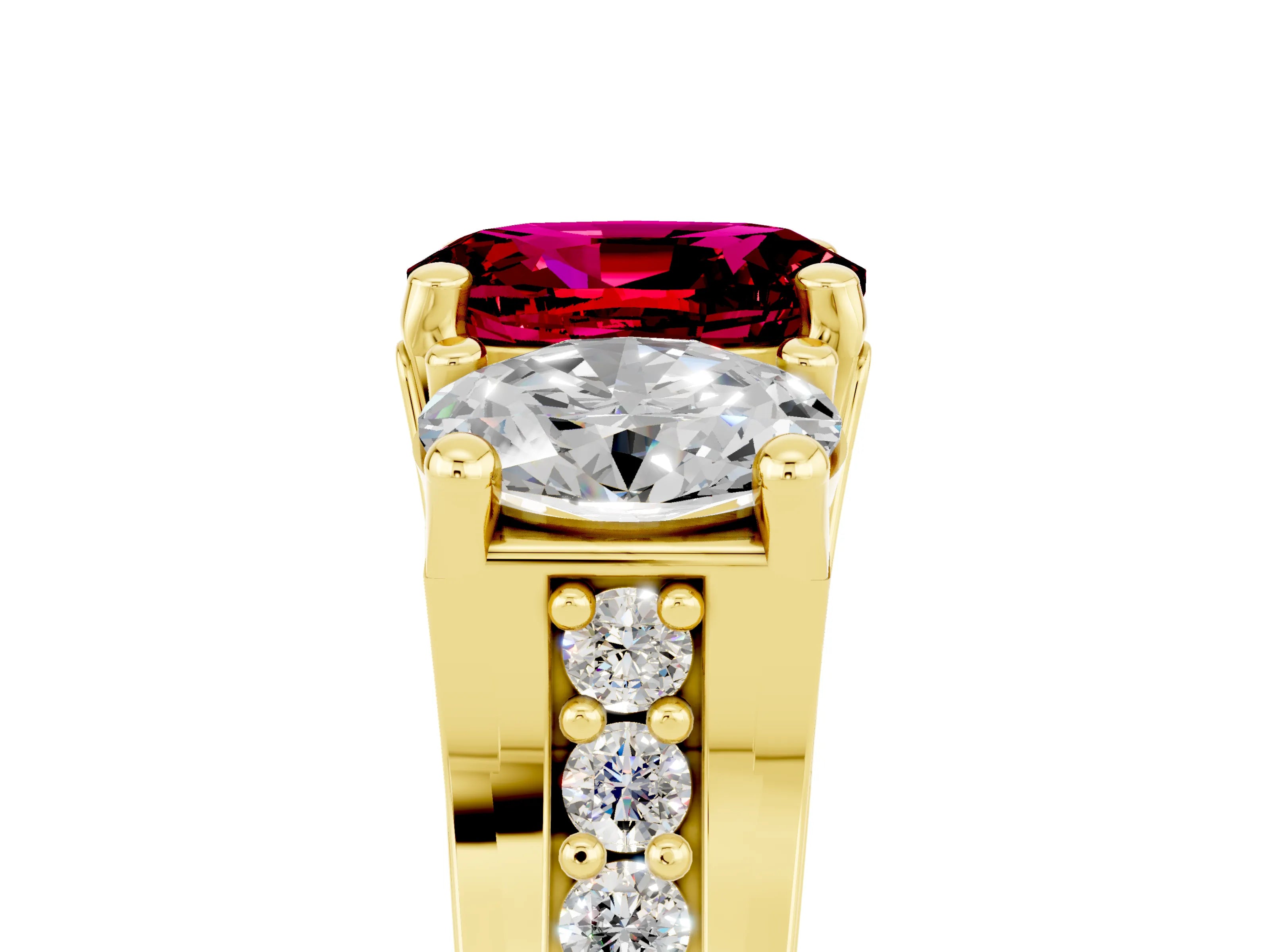 Yellow gold Oval Cut Garnet Three-Stone Ring with Channel Set Band and Four-Prong Setting_5