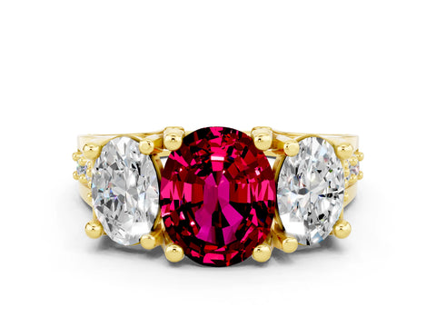 Yellow gold Oval Cut Garnet Three-Stone Ring with Channel Set Band and Four-Prong Setting