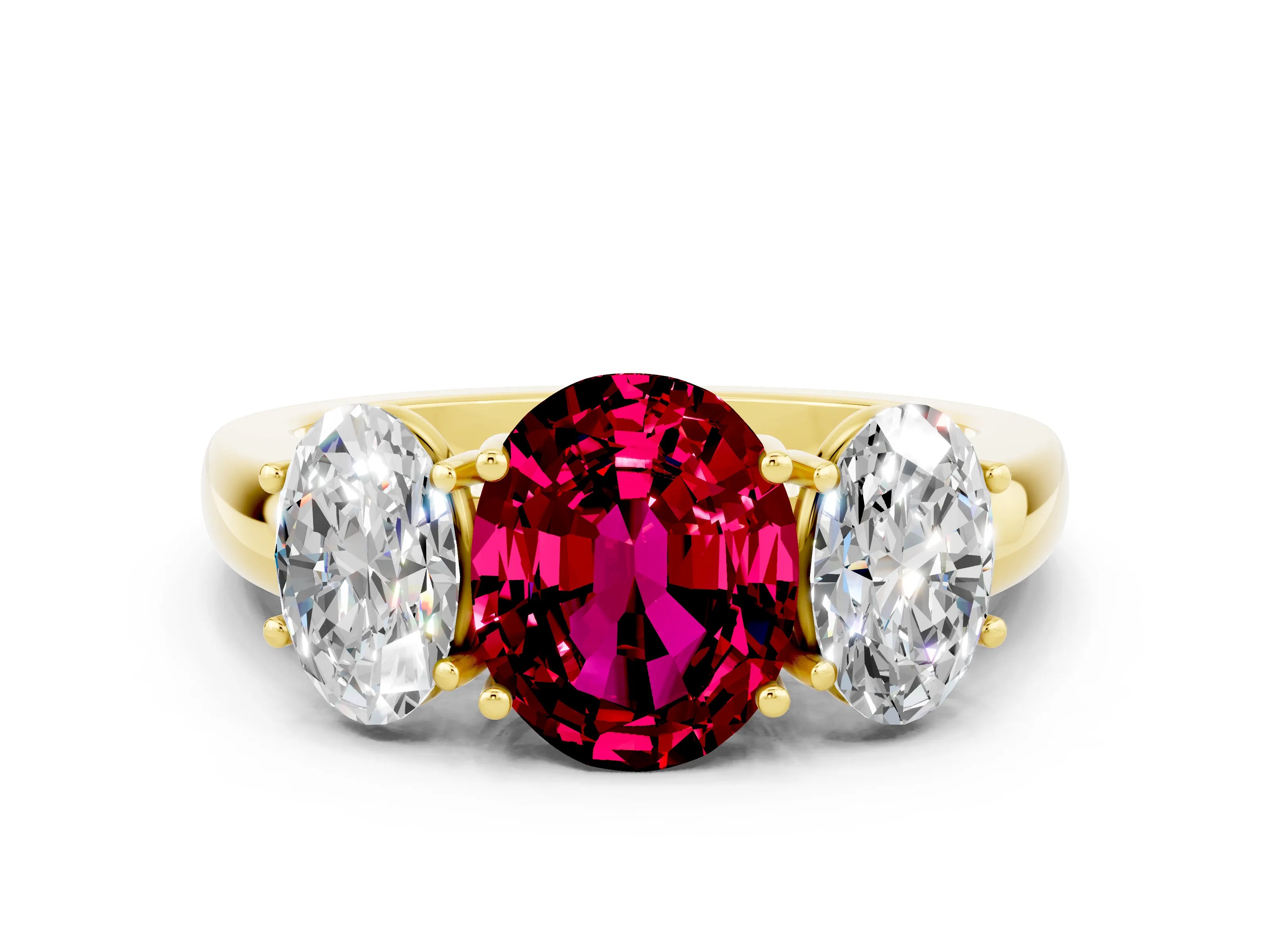 Yellow gold Oval Cut Garnet Three-Stone Ring with Four-Prong Setting and Classic Band