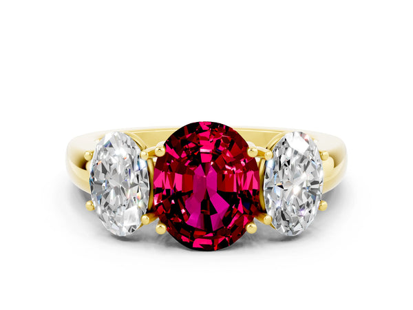 Yellow gold Oval Cut Garnet Three-Stone Ring with Four-Prong Setting and Classic Band