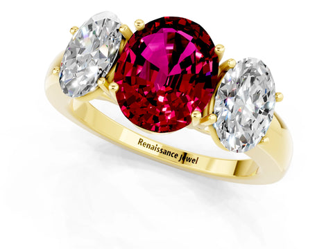 Yellow gold Oval Cut Garnet Three-Stone Ring with Four-Prong Setting and Classic Band_1