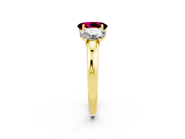 Yellow gold Oval Cut Garnet Three-Stone Ring with Four-Prong Setting and Classic Band