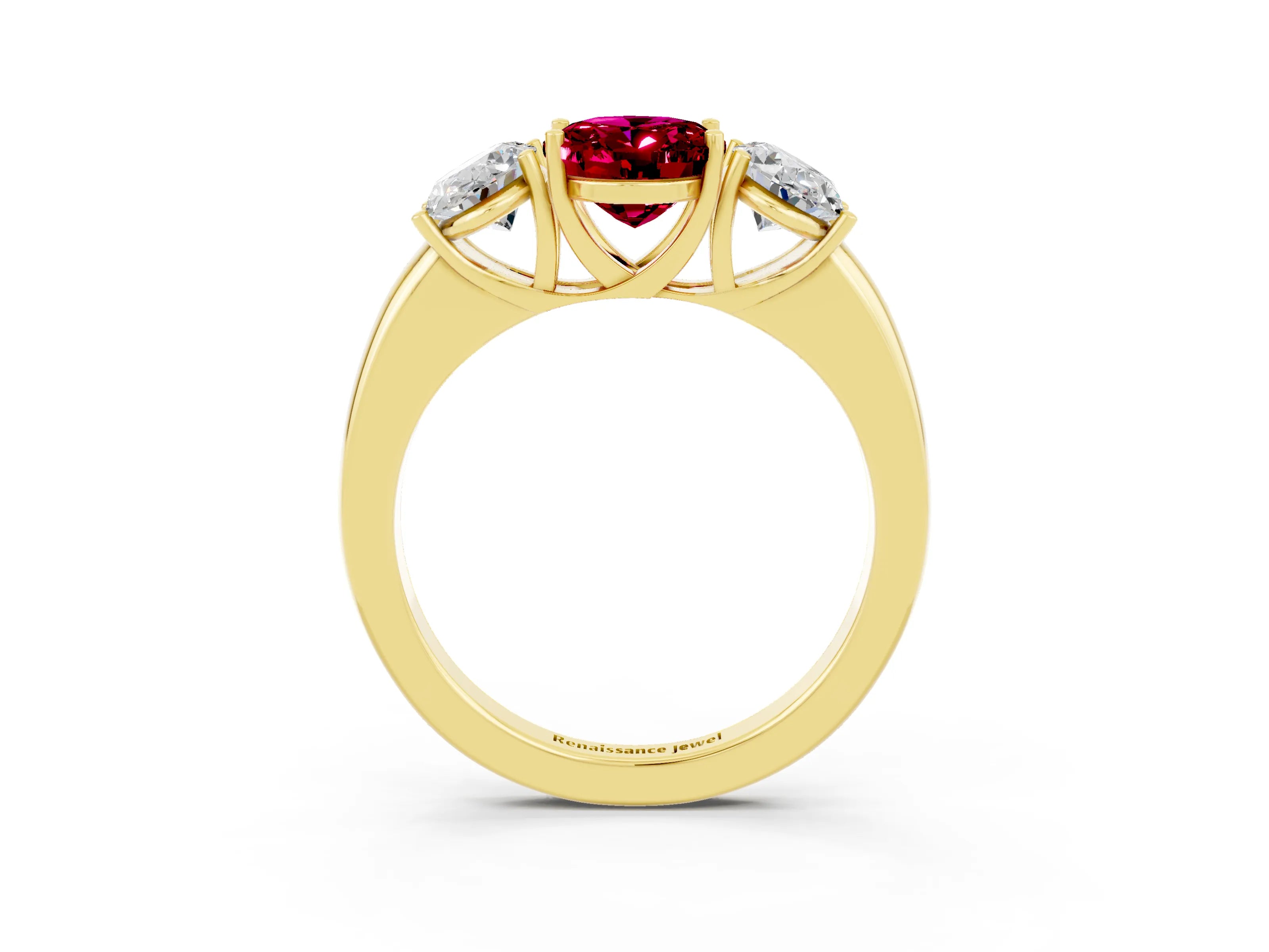 Yellow gold Oval Cut Garnet Three-Stone Ring with Four-Prong Setting and Classic Band_3