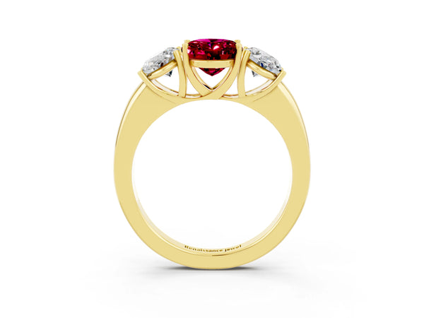Yellow gold Oval Cut Garnet Three-Stone Ring with Four-Prong Setting and Classic Band