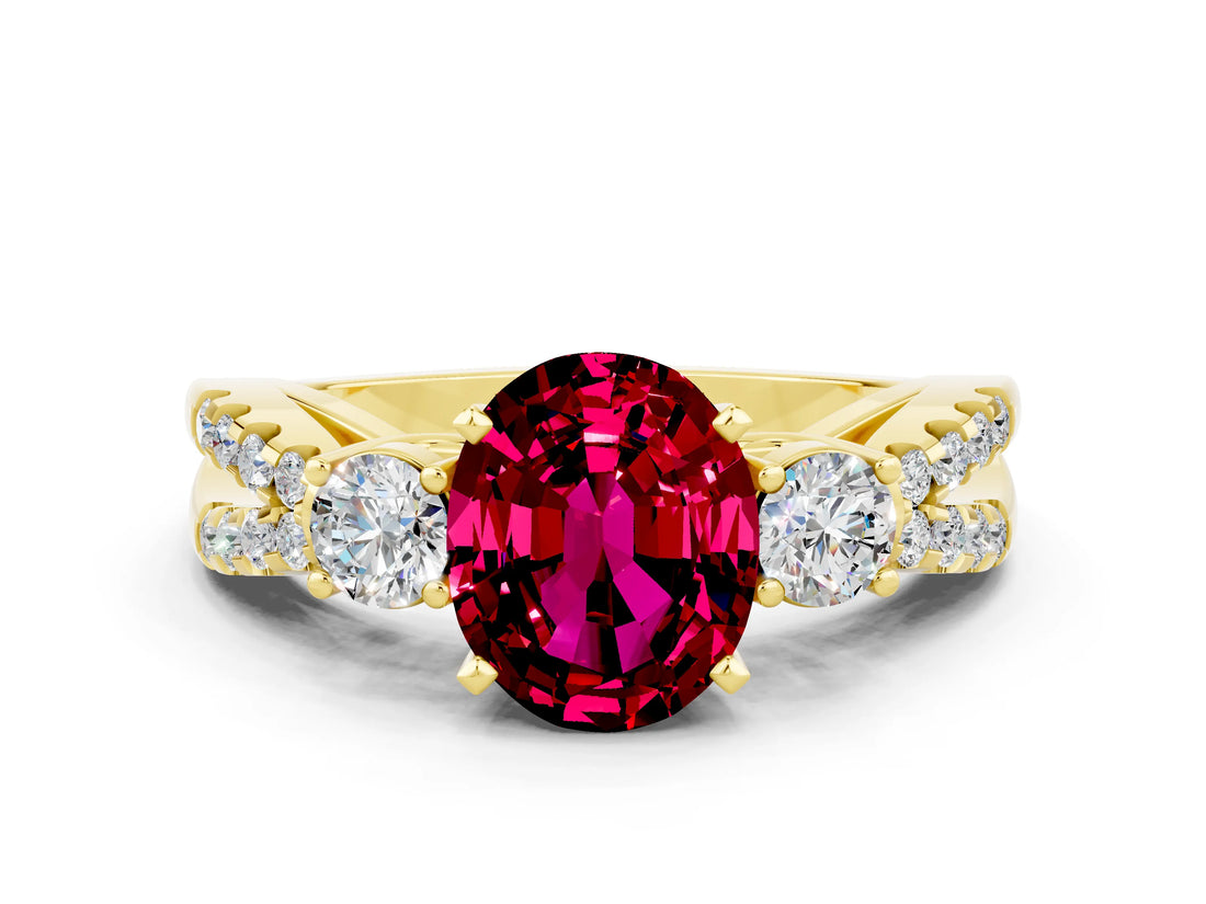 Yellow gold Oval Cut Garnet Three-Stone Ring with Pavé Split Shank and Four-Prong Setting_12
