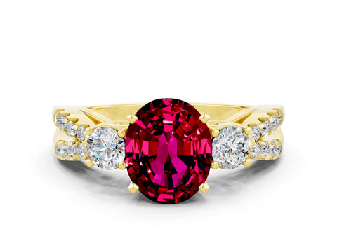 Yellow gold Oval Cut Garnet Three-Stone Ring with Pavé Split Shank and Four-Prong Setting_12