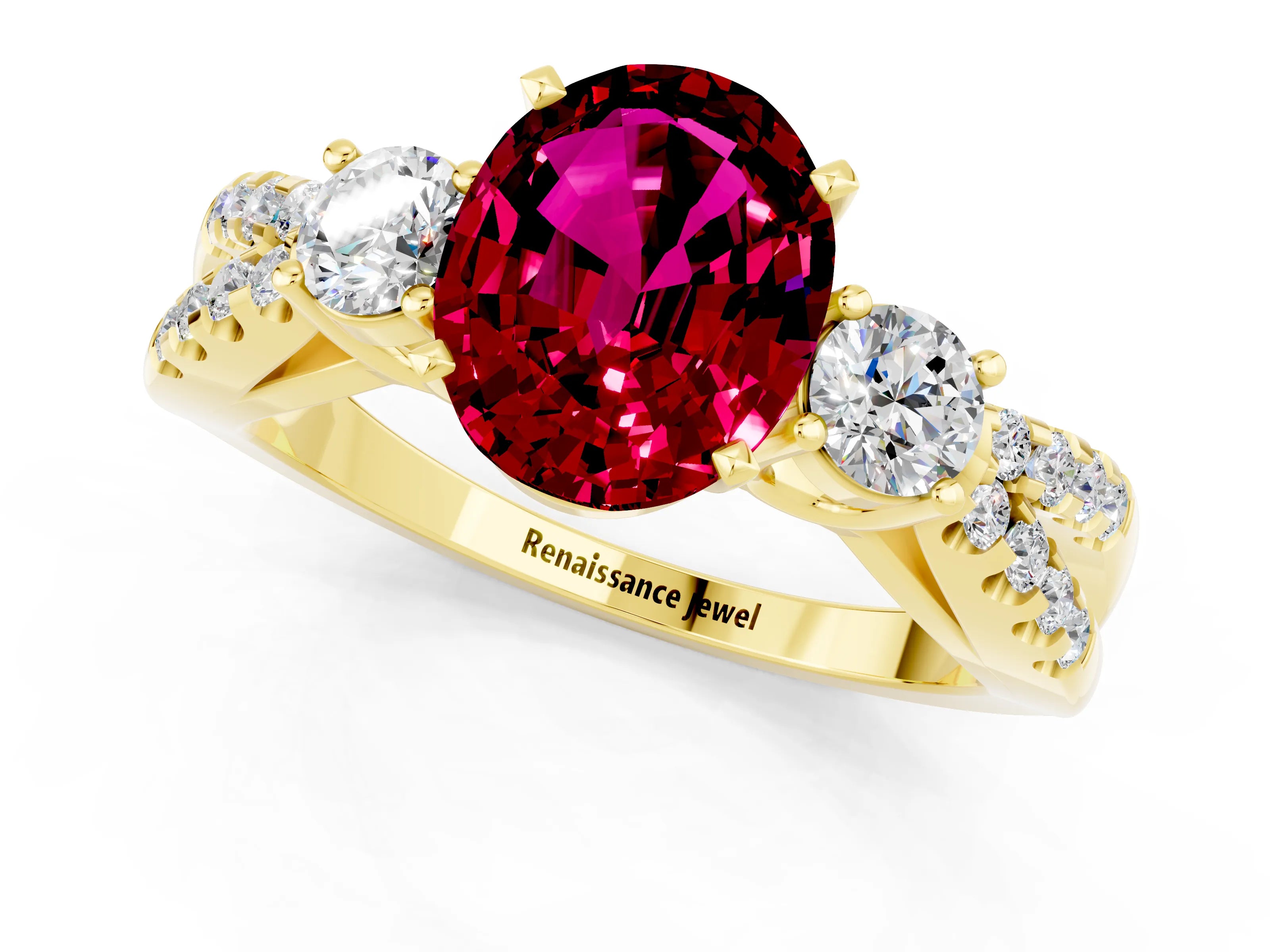 Yellow gold Oval Cut Garnet Three-Stone Ring with Pavé Split Shank and Four-Prong Setting_13