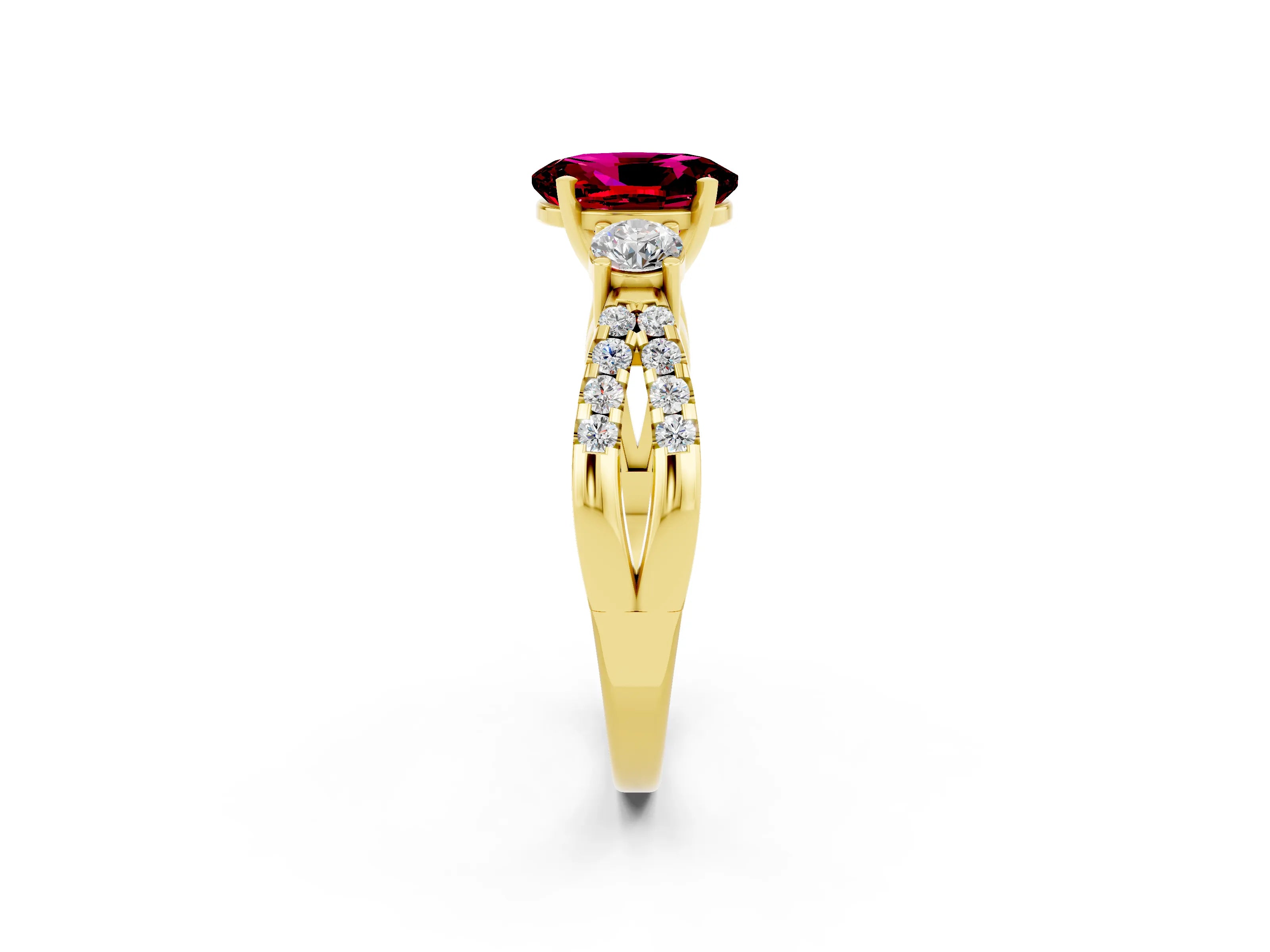 Yellow gold Oval Cut Garnet Three-Stone Ring with Pavé Split Shank and Four-Prong Setting_14