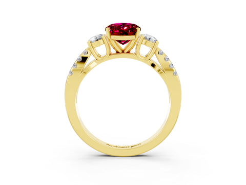 Yellow gold Oval Cut Garnet Three-Stone Ring with Pavé Split Shank and Four-Prong Setting_15