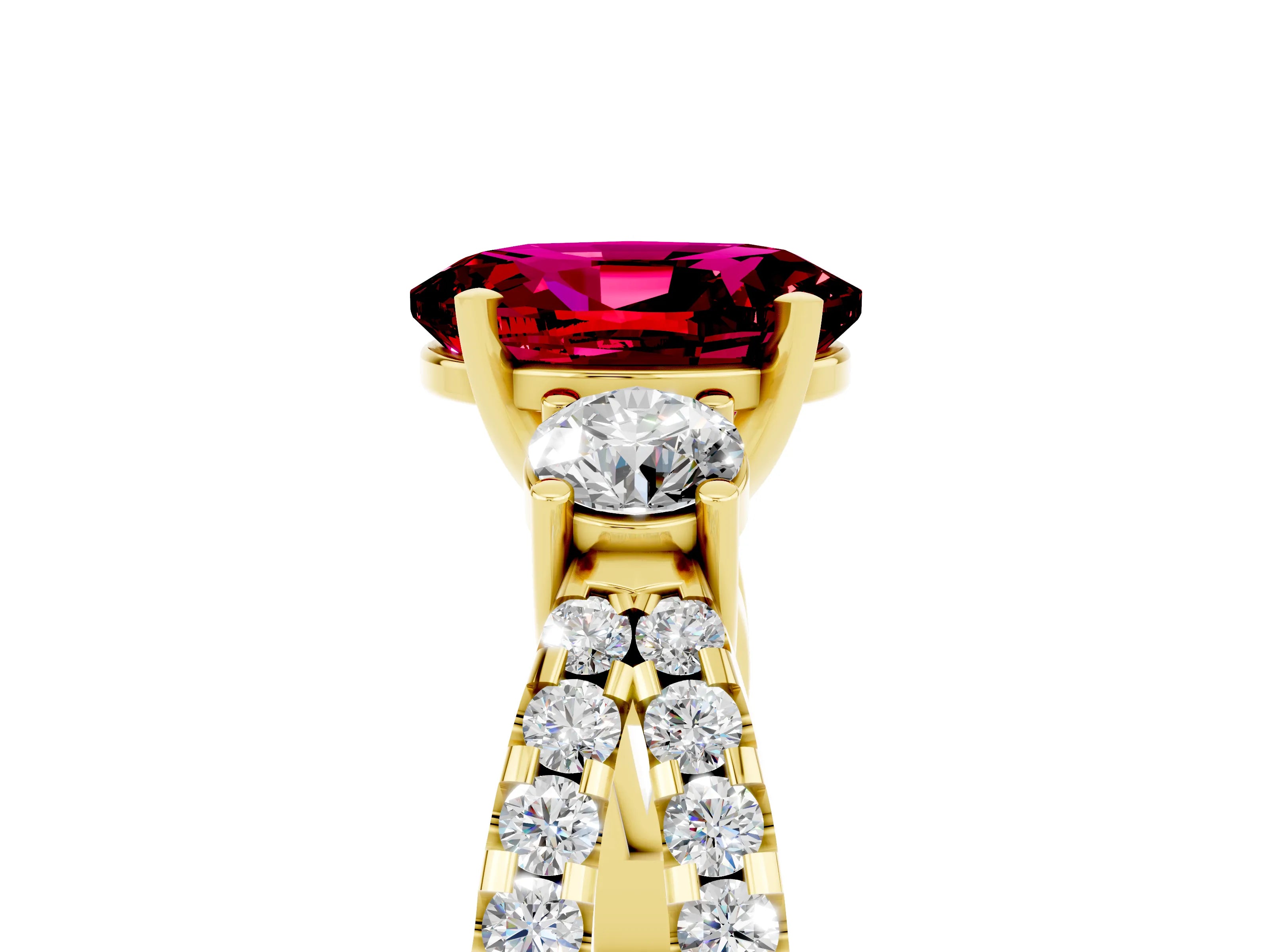Yellow gold Oval Cut Garnet Three-Stone Ring with Pavé Split Shank and Four-Prong Setting_17