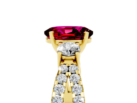 Yellow gold Oval Cut Garnet Three-Stone Ring with Pavé Split Shank and Four-Prong Setting_17
