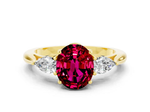 Yellow gold Oval Cut Garnet Three-Stone Ring with Pear Side Stones and Four-Prong Setting_35