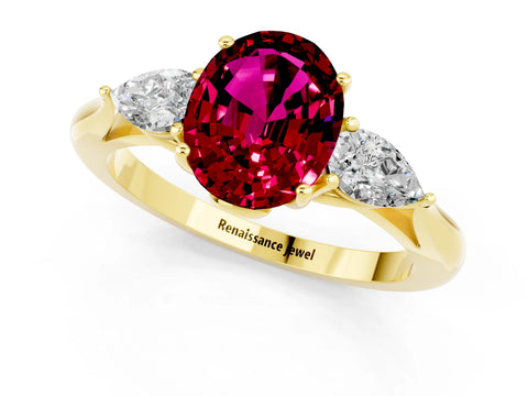 Yellow gold Oval Cut Garnet Three-Stone Ring with Pear Side Stones and Four-Prong Setting_36